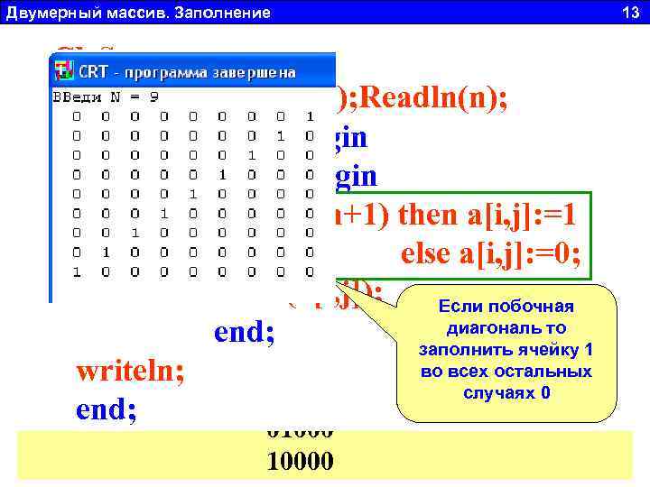 Двумерный массив. Заполнение 13 Clr. Scr; 1 2 3 4 Главная диагональ: a 11