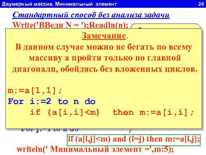 Двумерный массив. Минимальный элемент 24 Стандартный способ без анализа задачи Write('ВВеди N = ');