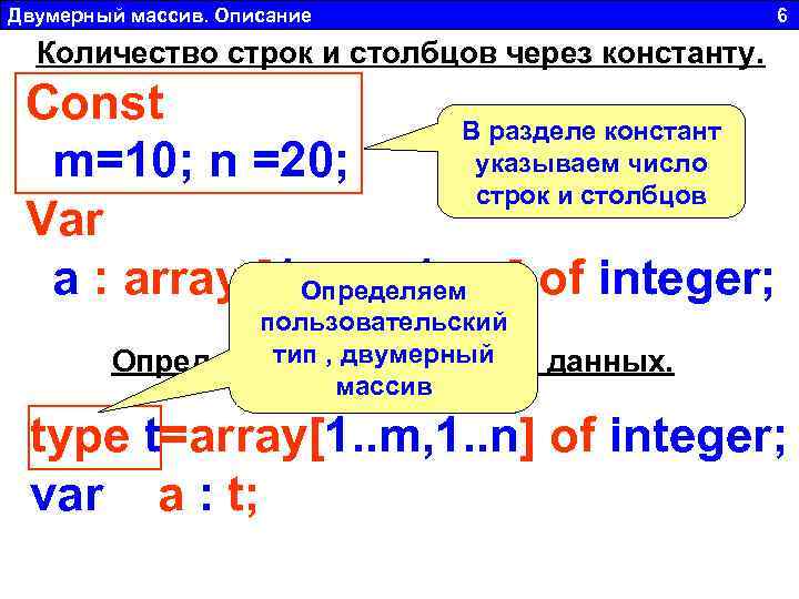 Двумерный массив. Описание 6 Количество строк и столбцов через константу. Const В разделе констант