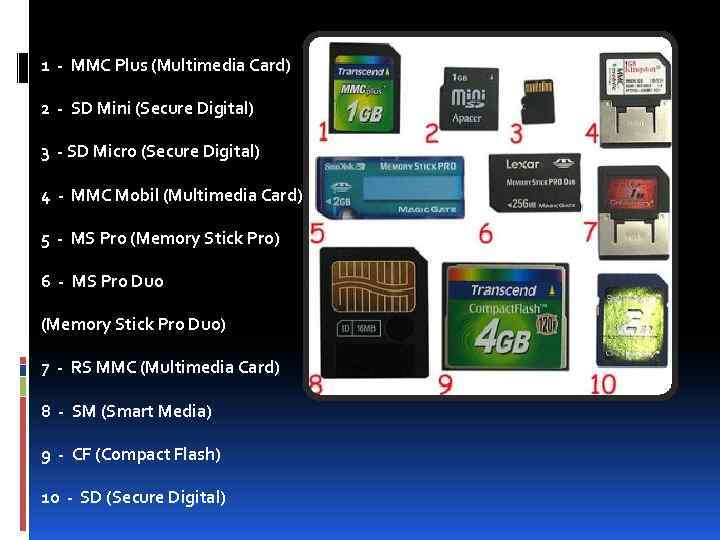 1 - MMC Plus (Multimedia Card) 2 - SD Mini (Secure Digital) 3 -