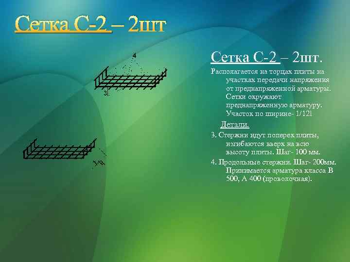 Сетка С-2 – 2 шт. Располагается на торцах плиты на участках передачи напряжения от