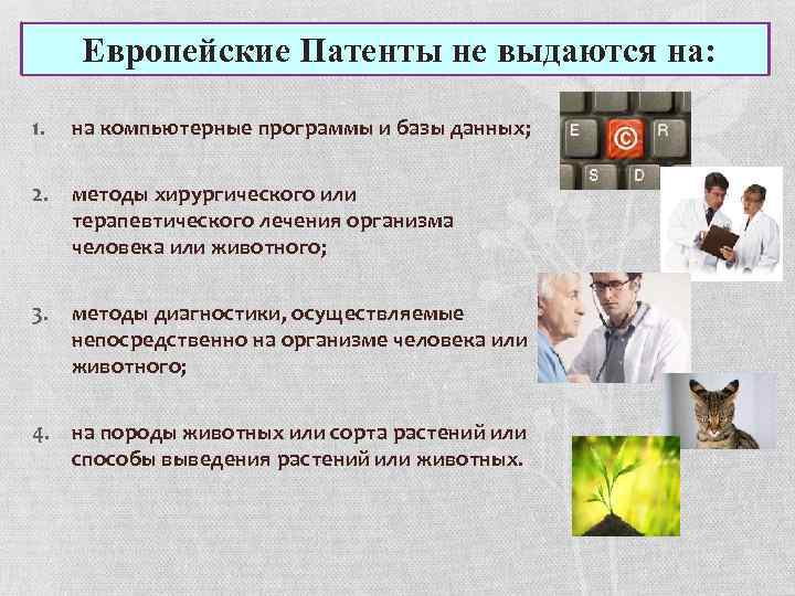  Европейские Патенты не выдаются на: 1. на компьютерные программы и базы данных; 2.