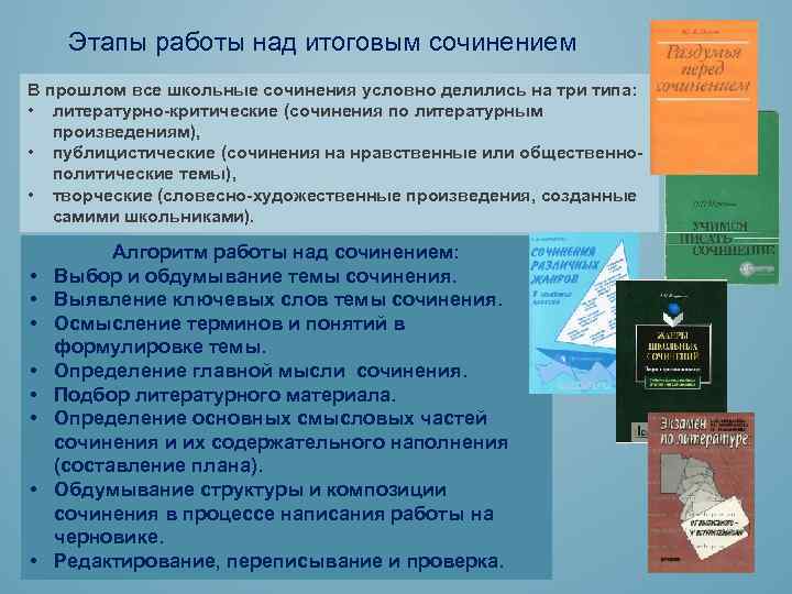 Этапы работы над итоговым сочинением В прошлом все школьные сочинения условно делились на три