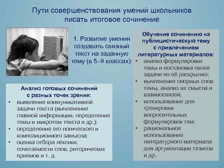 Пути совершенствования умений школьников писать итоговое сочинение 1. Развитие умения создавать связный текст на