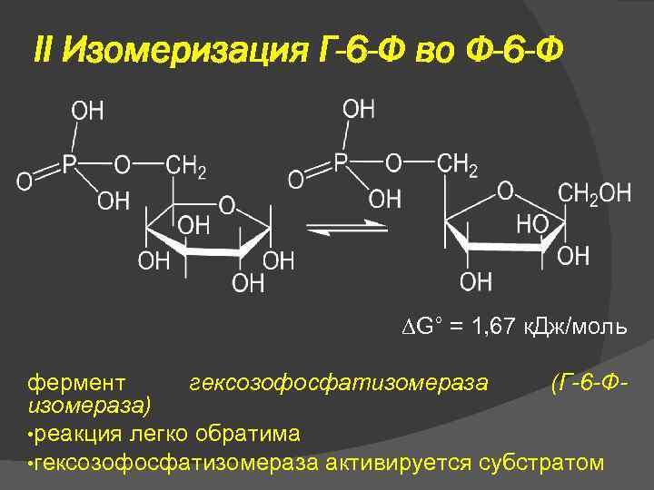 II Изомеризация Г-6 -Ф во Ф-6 -Ф G° = 1, 67 к. Дж/моль фермент
