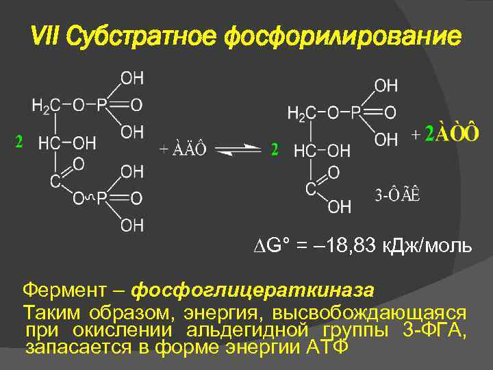 VII Субстратное фосфорилирование G° = – 18, 83 к. Дж/моль Фермент – фосфоглицераткиназа Таким
