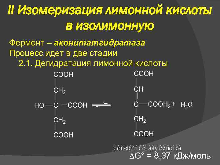 II Изомеризация лимонной кислоты в изолимонную Фермент – аконитатгидратаза Процесс идет в две стадии