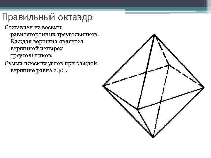 Правильный октаэдр Составлен из восьми равносторонних треугольников. Каждая вершина является вершиной четырех треугольников. Сумма