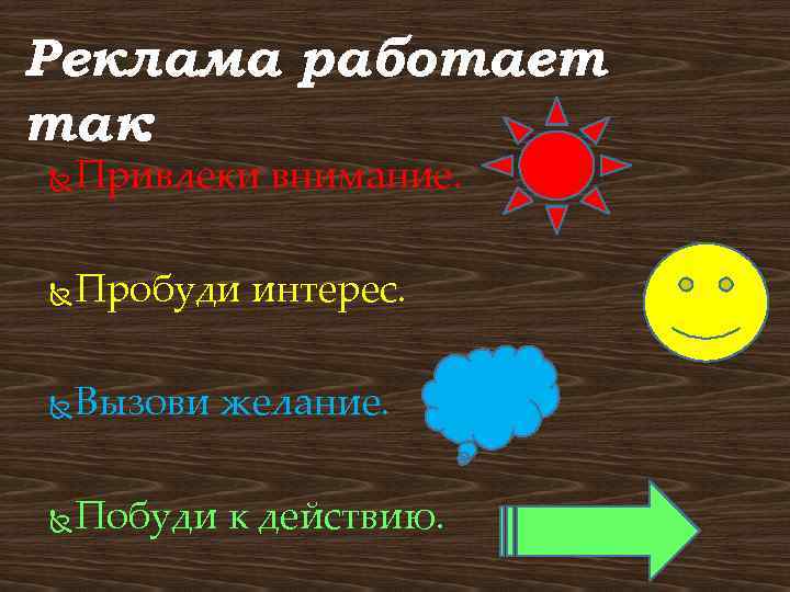 Реклама работает так : Привлеки внимание. Пробуди интерес. Вызови желание. Побуди к действию. 