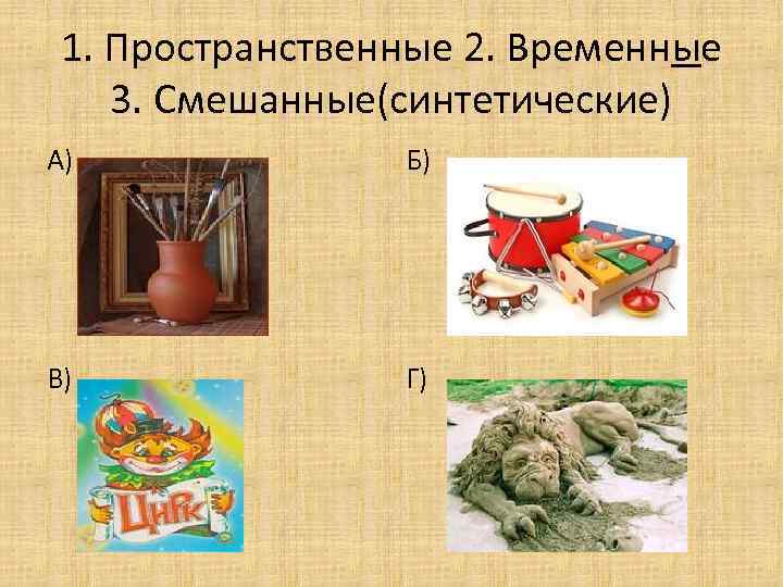 1. Пространственные 2. Временные 3. Смешанные(синтетические) А) Б) В) Г) 