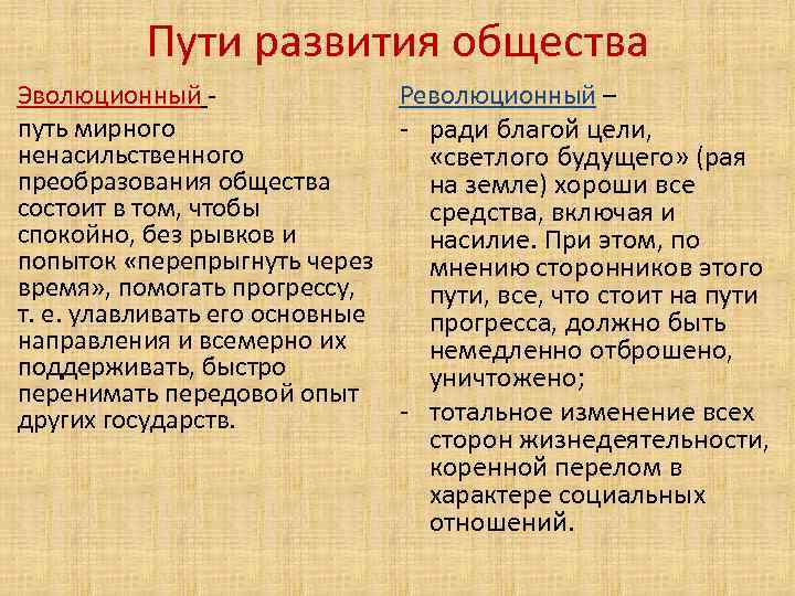 Пути развития общества Эволюционный Революционный – путь мирного - ради благой цели, ненасильственного «светлого