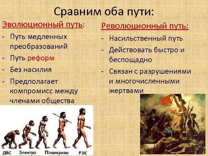 Сравним оба пути: Эволюционный путь: - Путь медленных преобразований - Путь реформ - Без