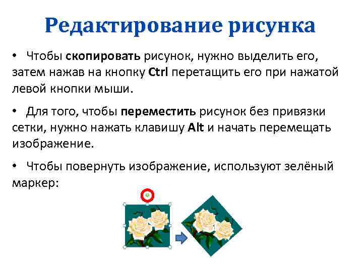 Редактирование рисунка • Чтобы скопировать рисунок, нужно выделить его, затем нажав на кнопку Ctrl