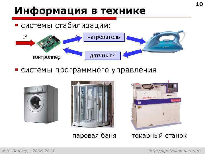 10 Информация в технике § системы стабилизации: t° нагреватель контроллер датчик t° § системы