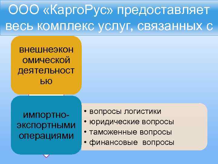 ООО «Карго. Рус» предоставляет весь комплекс услуг, связанных с внешнеэкон омической деятельност ью •