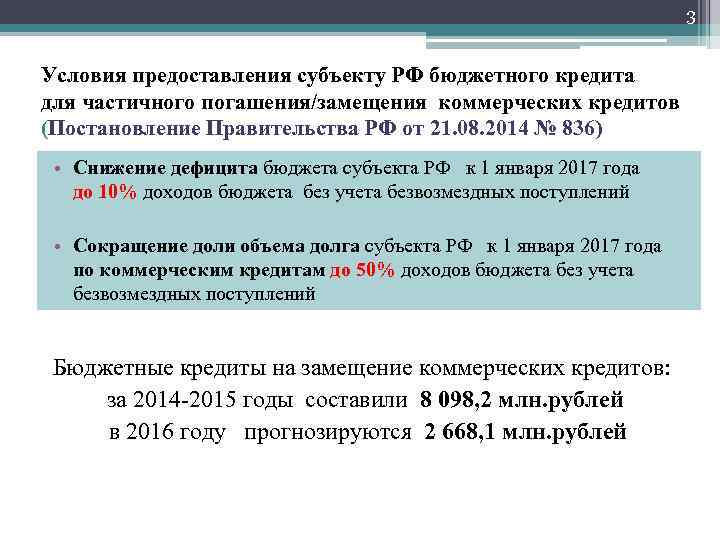 3 Условия предоставления субъекту РФ бюджетного кредита для частичного погашения/замещения коммерческих кредитов (Постановление Правительства