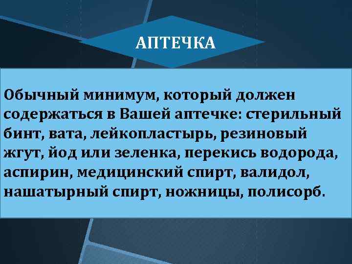 АПТЕЧКА Обычный минимум, который должен содержаться в Вашей аптечке: стерильный бинт, вата, лейкопластырь, резиновый