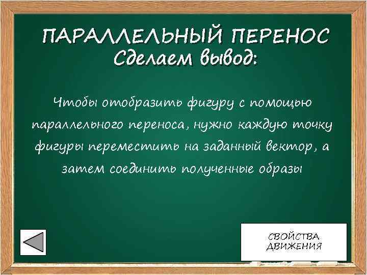 ПАРАЛЛЕЛЬНЫЙ ПЕРЕНОС Сделаем вывод: Чтобы отобразить фигуру с помощью параллельного переноса, нужно каждую точку