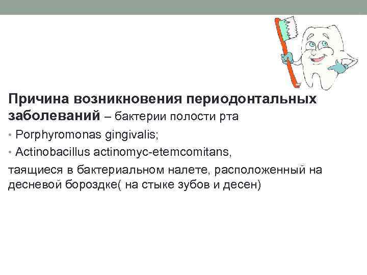 Причина возникновения периодонтальных заболеваний – бактерии полости рта • Porphyromonas gingivalis; • Actinobacillus actinomyc