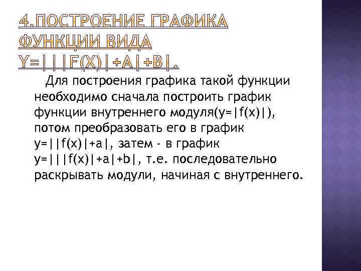 Для построения графика такой функции необходимо сначала построить график функции внутреннего модуля(у=|f(x)|), потом преобразовать