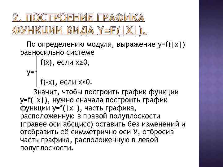 По определению модуля, выражение y=f(|x|) равносильно системе f(x), если х≥ 0, у= f(-x), если