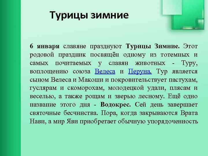 Турицы зимние 6 января славяне празднуют Турицы Зимние. Этот родовой праздник посвящён одному из