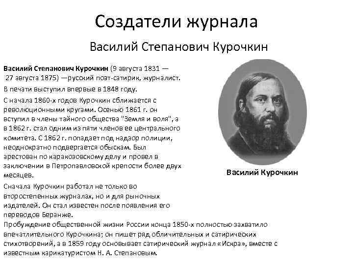 Создатели журнала Василий Степанович Курочкин (9 августа 1831 — 27 августа 1875) —русский поэт-сатирик,