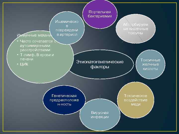 Портальная бактериемия Ишемическо е повреждени е Иммунные механизмы артериол • Часто сочетается с аутоиммунными