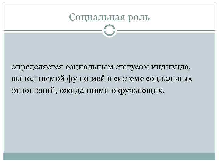 Социальная роль определяется социальным статусом индивида, выполняемой функцией в системе социальных отношений, ожиданиями окружающих.