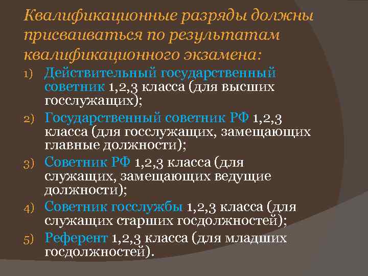 Квалификационные разряды должны присваиваться по результатам квалификационного экзамена: 1) 2) 3) 4) 5) Действительный