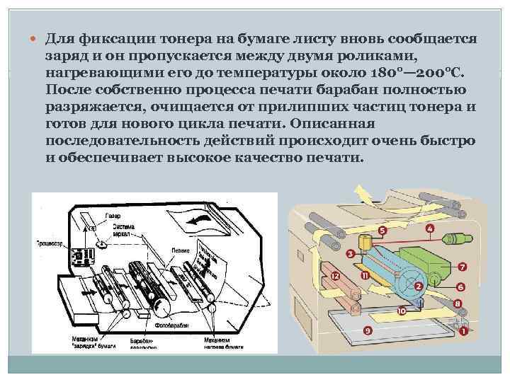  Для фиксации тонера на бумаге листу вновь сообщается заряд и он пропускается между