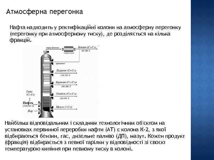 Атмосферна перегонка Нафта надходить у ректифікаційні колони на атмосферну перегонку (перегонку при атмосферному тиску),