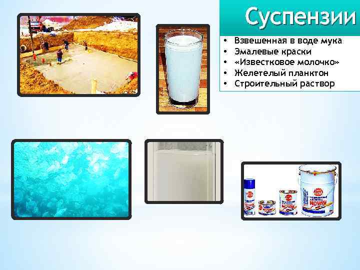 Суспензии • • • Взвешенная в воде мука Эмалевые краски «Известковое молочко» Желетелый планктон