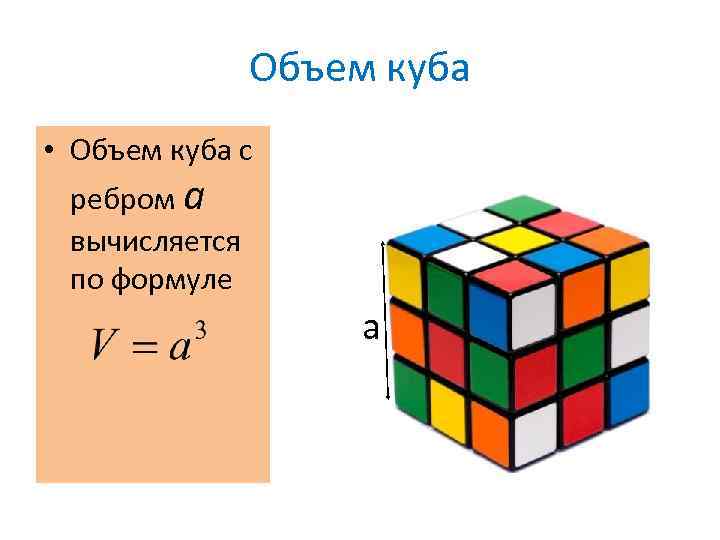 Объем куба • Объем куба с ребром а вычисляется по формуле а 