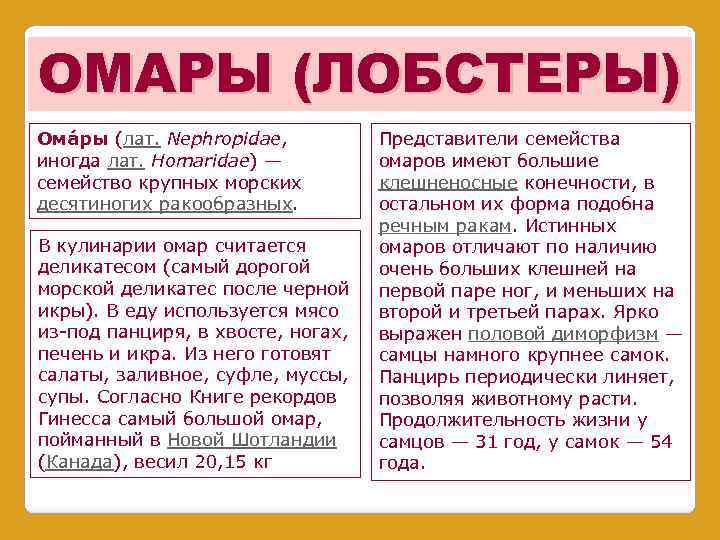 ОМАРЫ (ЛОБСТЕРЫ) Ома ры (лат. Nephropidae, иногда лат. Homaridae) — семейство крупных морских десятиногих