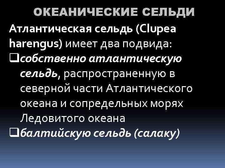 ОКЕАНИЧЕСКИЕ СЕЛЬДИ Атлантическая сельдь (Clupea harengus) имеет два подвида: qсобственно атлантическую сельдь, распространенную в