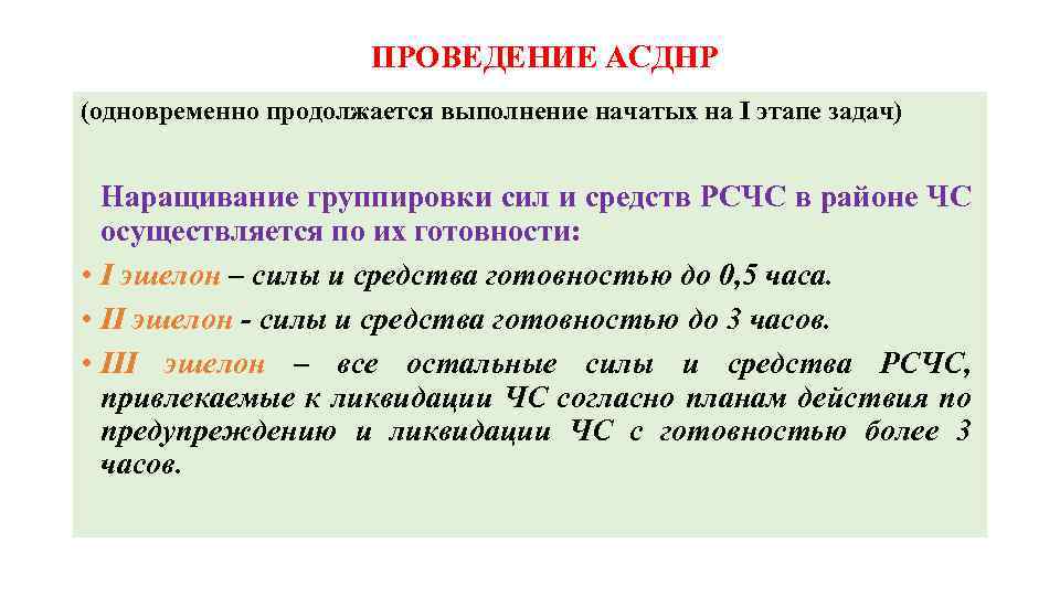 ПРОВЕДЕНИЕ АСДНР (одновременно продолжается выполнение начатых на I этапе задач) Наращивание группировки сил и