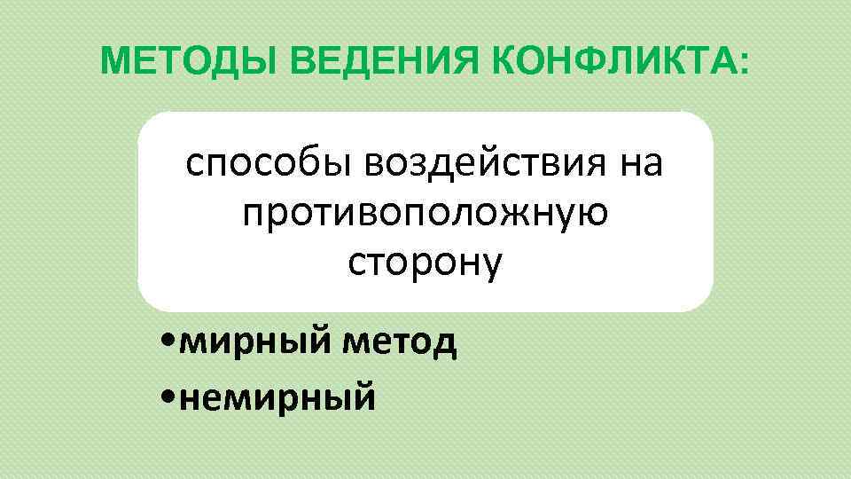 МЕТОДЫ ВЕДЕНИЯ КОНФЛИКТА: способы воздействия на противоположную сторону • мирный метод • немирный 