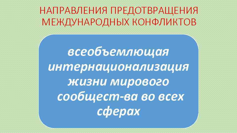 НАПРАВЛЕНИЯ ПРЕДОТВРАЩЕНИЯ МЕЖДУНАРОДНЫХ КОНФЛИКТОВ всеобъемлющая интернационализация жизни мирового сообщест ва во всех сферах 