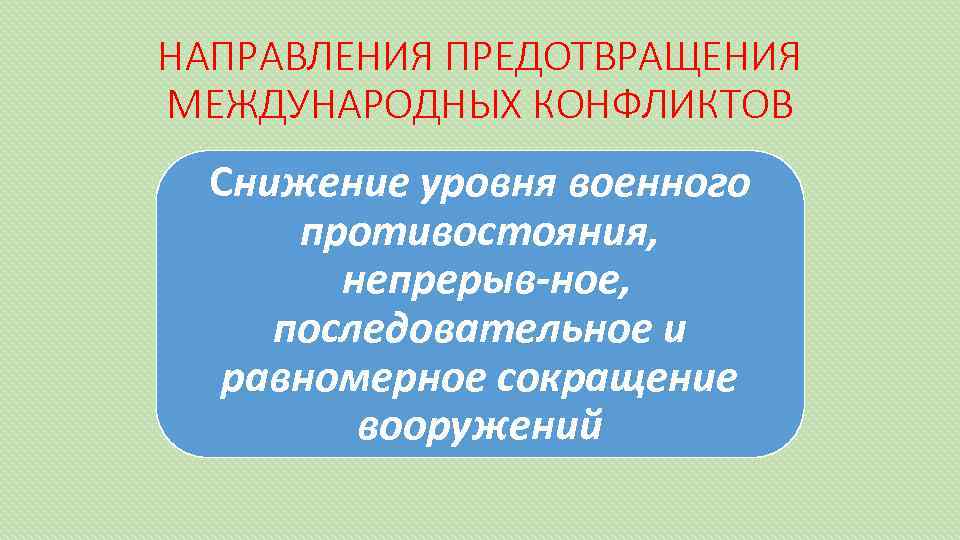 НАПРАВЛЕНИЯ ПРЕДОТВРАЩЕНИЯ МЕЖДУНАРОДНЫХ КОНФЛИКТОВ Снижение уровня военного противостояния, непрерыв ное, последовательное и равномерное сокращение