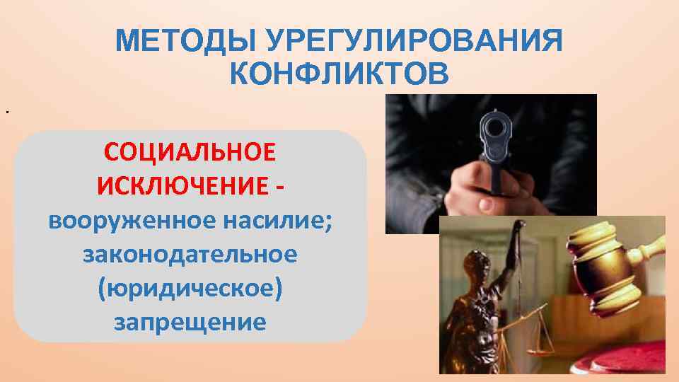 МЕТОДЫ УРЕГУЛИРОВАНИЯ КОНФЛИКТОВ. СОЦИАЛЬНОЕ ИСКЛЮЧЕНИЕ вооруженное насилие; законодательное (юридическое) запрещение 