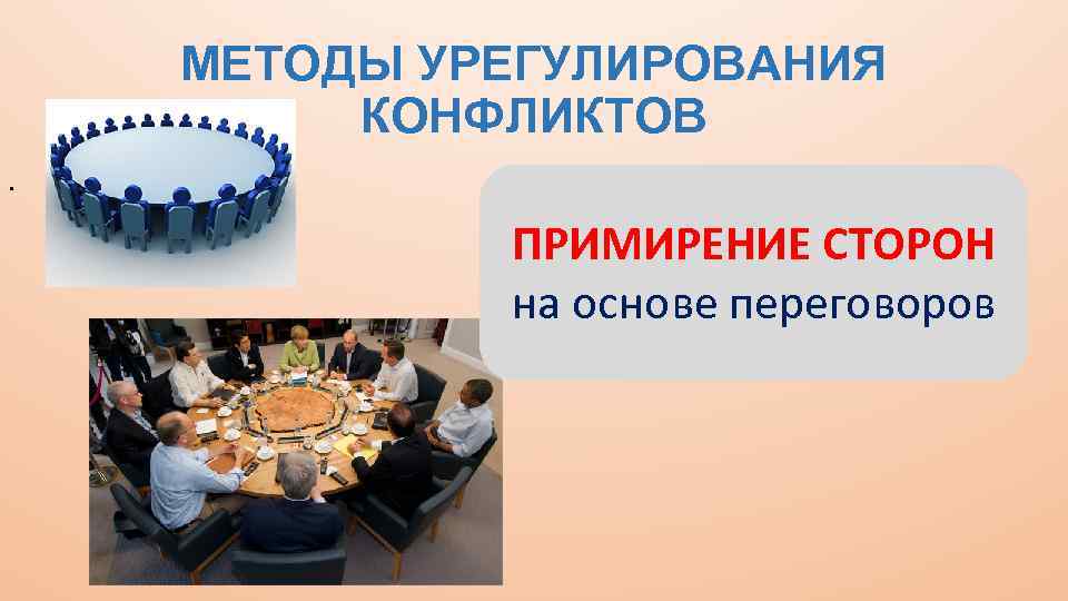 МЕТОДЫ УРЕГУЛИРОВАНИЯ КОНФЛИКТОВ. ПРИМИРЕНИЕ СТОРОН на основе переговоров 