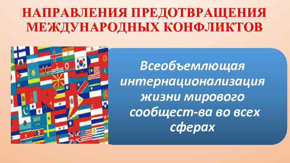 НАПРАВЛЕНИЯ ПРЕДОТВРАЩЕНИЯ МЕЖДУНАРОДНЫХ КОНФЛИКТОВ Всеобъемлющая интернационализация жизни мирового сообщест ва во всех сферах 