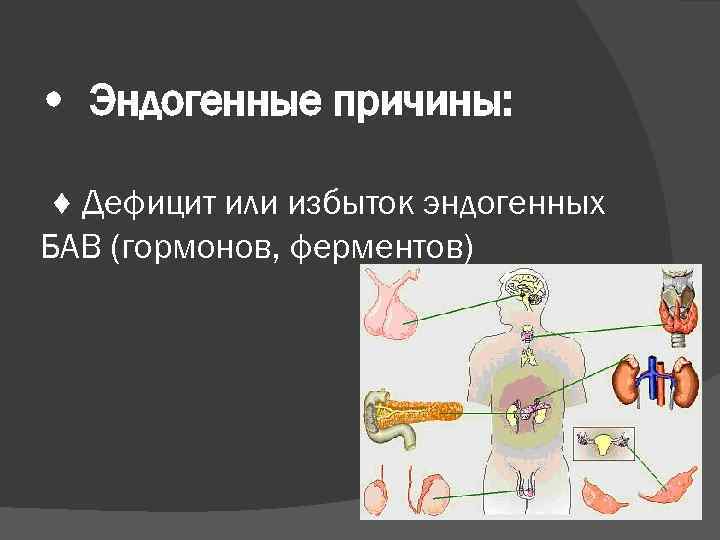  • Эндогенные причины: ♦ Дефицит или избыток эндогенных БАВ (гормонов, ферментов) 