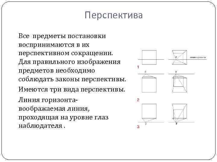 Перспектива Все предметы постановки воспринимаются в их перспективном сокращении. Для правильного изображения предметов необходимо