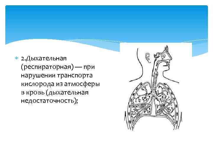  2. Дыхательная (респираторная) — при нарушении транспорта кислорода из атмосферы в кровь (дыхательная