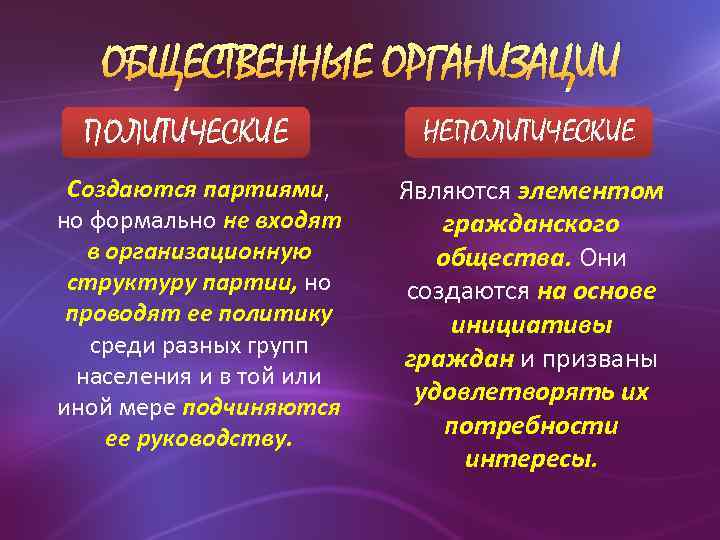 ОБЩЕСТВЕННЫЕ ОРГАНИЗАЦИИ ПОЛИТИЧЕСКИЕ Создаются партиями, но формально не входят в организационную структуру партии, но