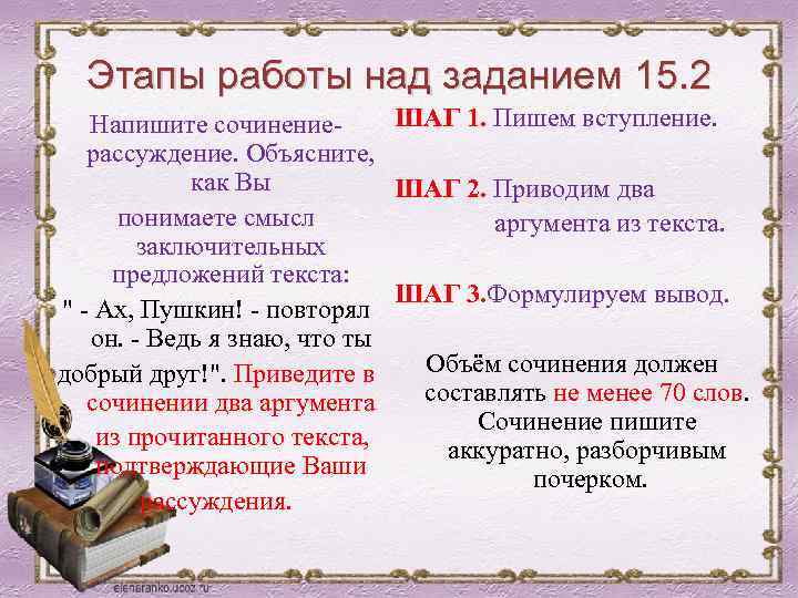 Этапы работы над заданием 15. 2 ШАГ 1. Пишем вступление. Напишите сочинениерассуждение. Объясните, как