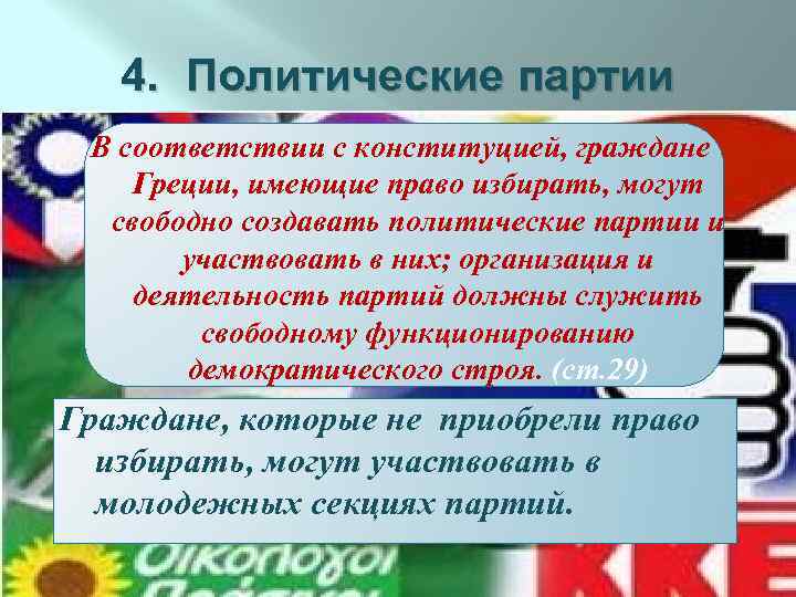 4. Политические партии В соответствии с конституцией, граждане Греции, имеющие право избирать, могут свободно