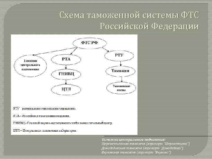 Схема таможенной системы ФТС Российской Федерации Таможни центрального подчинения: Шереметьевская таможня (аэропорт 